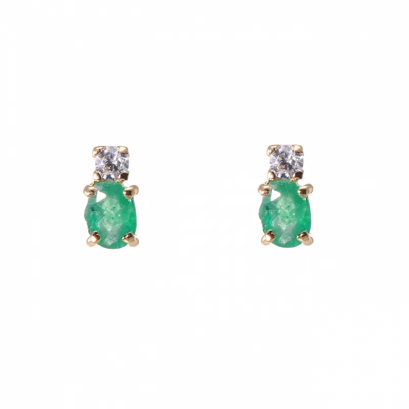 Boucles d'oreilles Emeraude Verte 4x3mm et Oxyde de zirconium en Or Jaune 750 - Bijoux Trabbia Vuillermoz